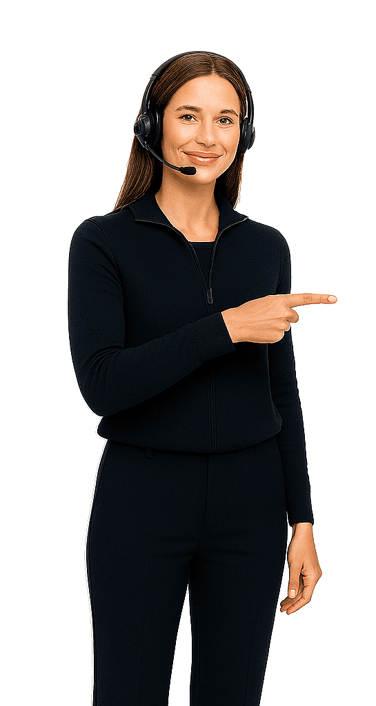 Vriendelijke vrouwelijke telefoniste wijst naar het AI-pakket