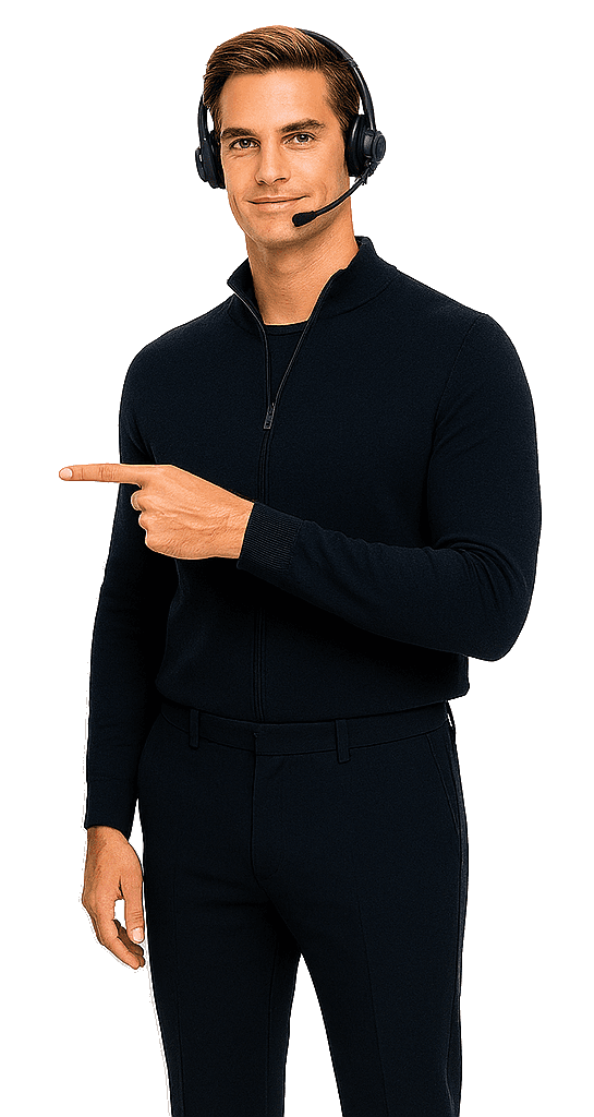 Vriendelijke mannelijke telefonist wijst naar het AI-pakket